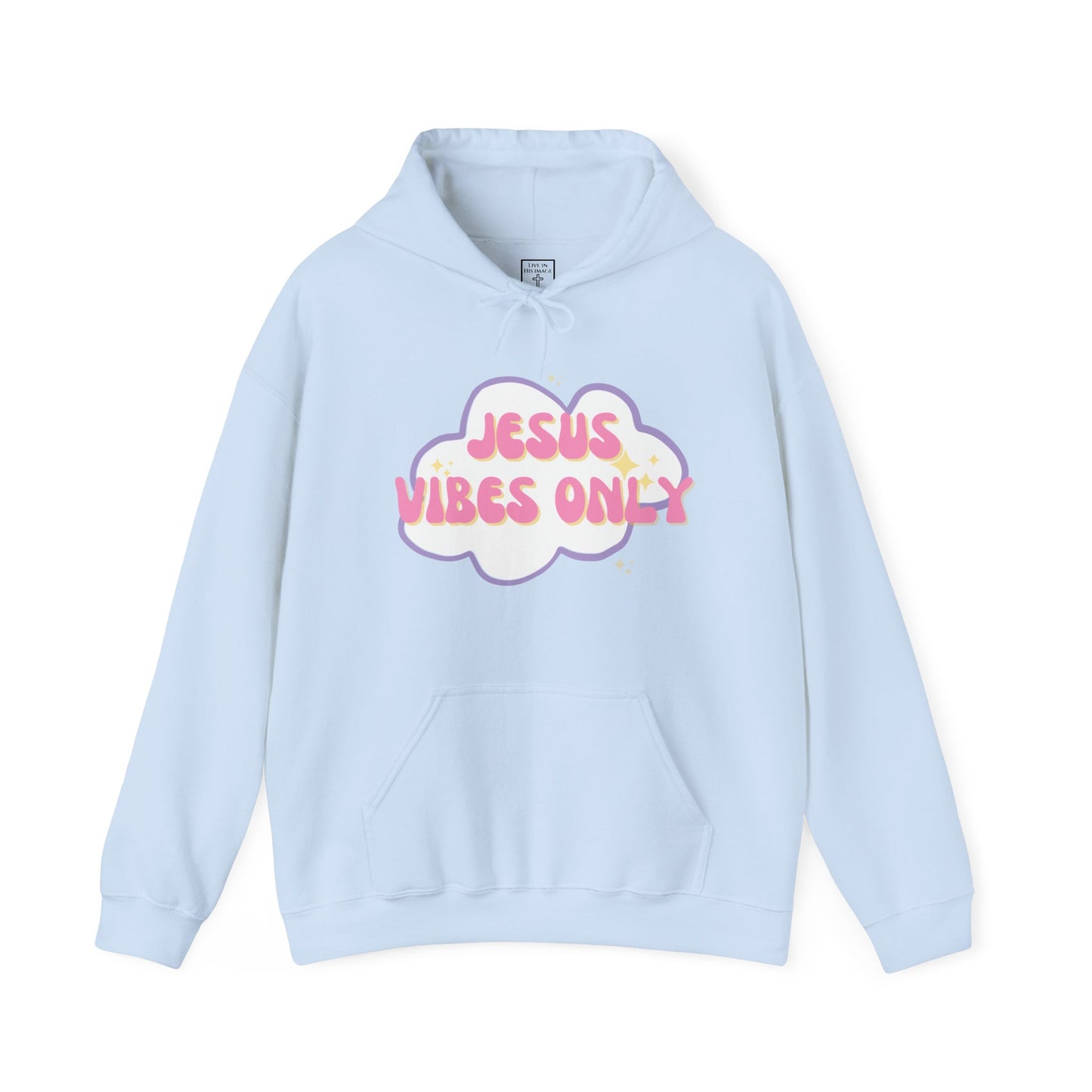 Light blue hooded sweatshirt with "Jesus Vibes Only" written in dark pink over white cloud with purple outline and yellow stars.