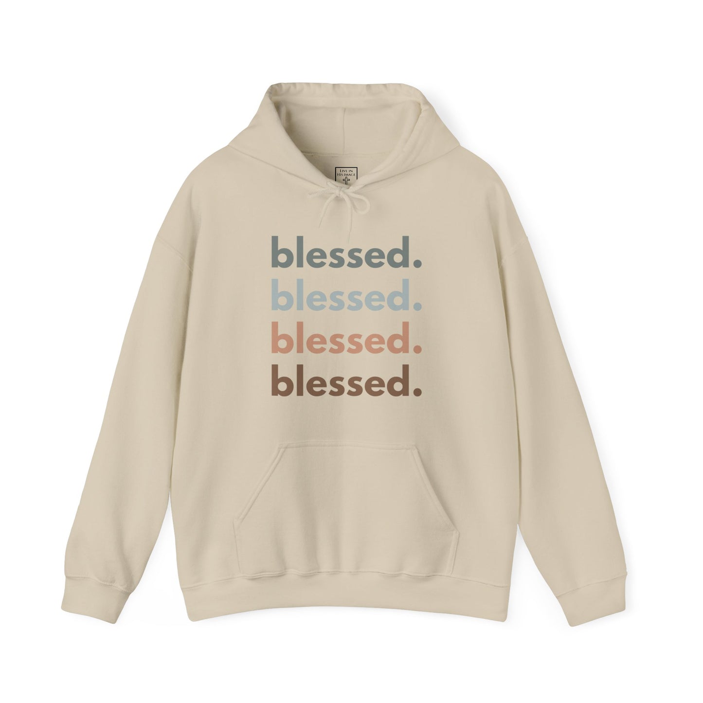 Sand hooded sweatshirt with "blessed." written in grey, dusty blue, peach and brown.
