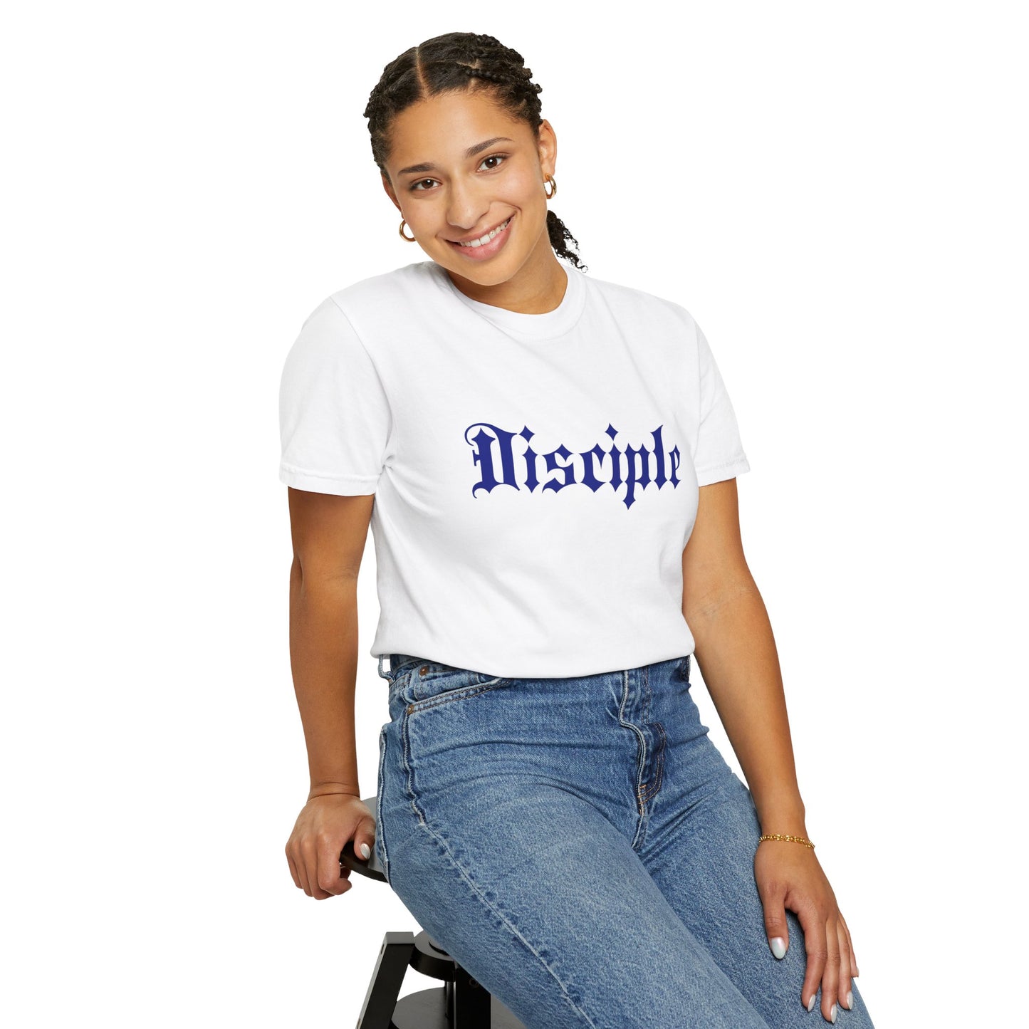 White t-shirt with "Disciple" written in navy blue won by female model.