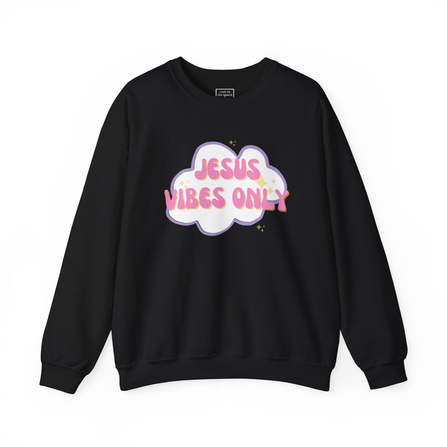 Black crewneck sweatshirt with "Jesus Vibes Only" written in dark pink over white cloud with purple outline and yellow stars.